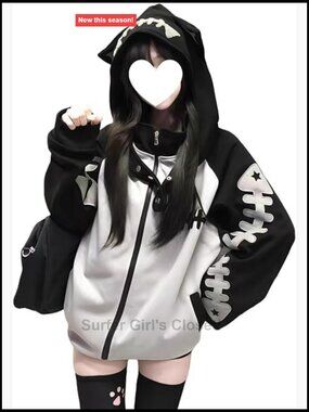 Cat Ear Zip Up Hoodie with Detachable Hood Kawaii Fishbone Oversized Y2K